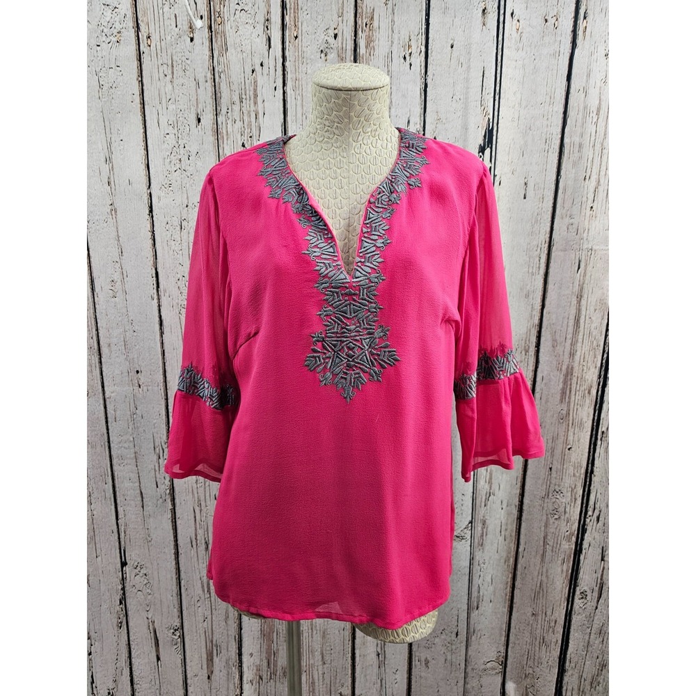 Rungolee L Pink Silk Bell Sleeve Peasant Blouse Shirt Top Tunic Boho Chic EUC - Picture 3 of 8